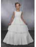Square Neck Ivory Chiffon Tiered Skirt Pearl Floor Length Flower Girl Dress